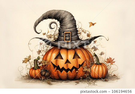 Creepy Halloween grinning pumpkins in a witch hat isolated on white background. Halloween background. Generative AI. Creepy Halloween grinning pumpkins in a witch hat isolated on white background. Halloween background. Generative AI. 106194656