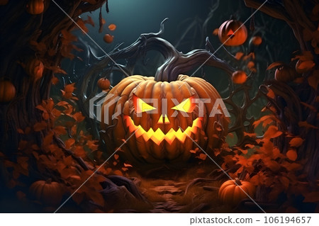 Creepy Halloween grinning pumpkins glow in the dark spooky forest. Halloween background. Generative AI. Creepy Halloween grinning pumpkins glow in the dark spooky forest. Halloween background. Generative AI. 106194657