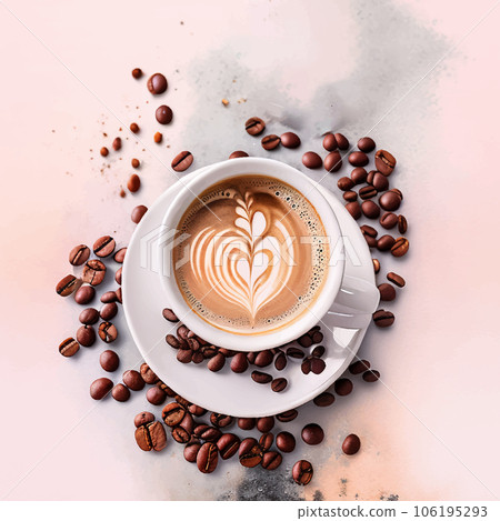 Illustration of coffee beans and coffee cup Generative AI 106195293