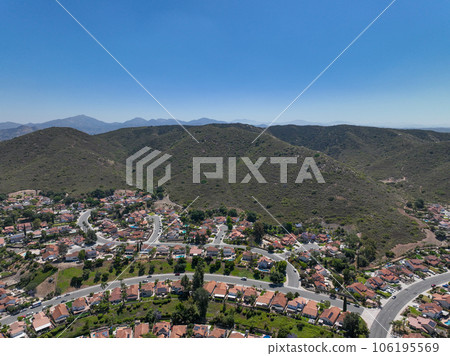 Aerial view of small city Poway in suburb of San Diego County, California, United States.  106195569