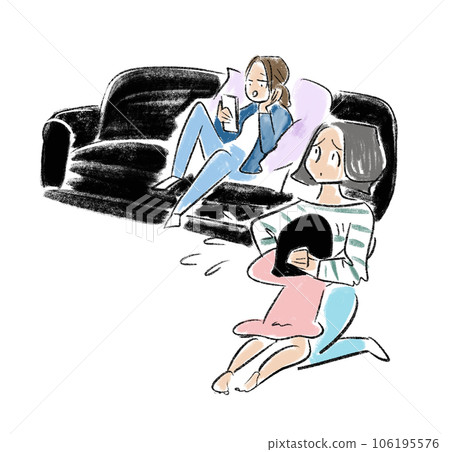 Illustration of the youngest child crying to his mother and the older child making an innocent face 106195576