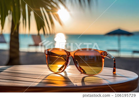Fashionable sunglasses on beach table 106195729