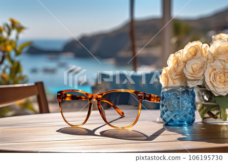 Fashionable sunglasses on beach table 106195730