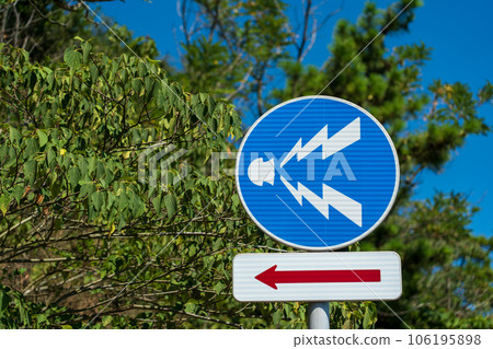 Blue sky and green and blue striped sign 106195898
