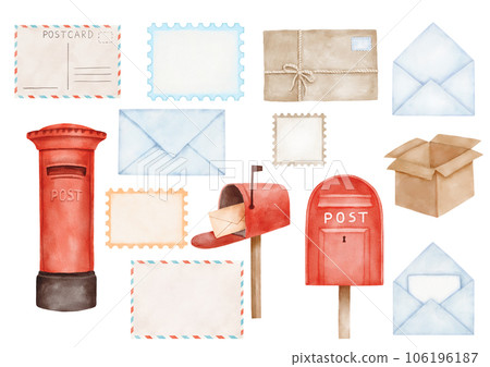 Postal watercolor set. Mailbox with letter, envelope, parcel and postage stamp isolated on white background 106196187