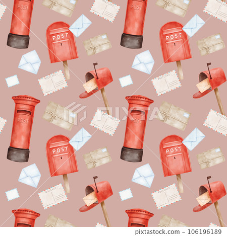 Seamless pattern with English red post box and letters. Watercolor endless background Seamless pattern with English red post box and letters. Watercolor endless background 106196189