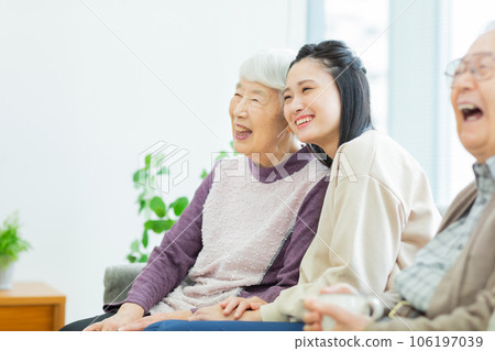 Three generation family grandchild grandmother grandfather Three generation family grandchild grandmother grandfather 106197039