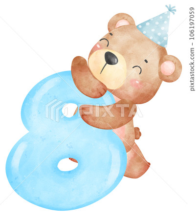 Cute birthday bear number 8, eight, cartoon watercolour illustration Birthday, bear, teddy, number, 8, eight, numbers, blue, boy, watercolor, watercolour, cheerful, cute, adorable, nursery, kid, baby  106197059