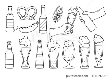 Set of beer elements in doodle style. Vector illustration. Linear collection of Glasses of beer, bottles of beer and beer snacks. 106197068
