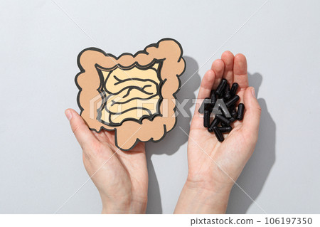 Mockup of a human stomach with activated charcoal tablets Mockup of a human stomach with activated charcoal tablets 106197350