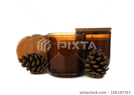 PNG, candle, pumpkin and cones, isolated on white background 106197361