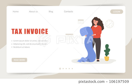 Tax invoice landing page template. Female entrepreneur. Successful woman with big check checks expenses. Budget planning and income assessment. Vector illustration in flat cartoon style 106197509