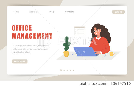 Office management landing page template. Female entrepreneur. Successful woman sitting at table with laptop and solves work issues. Vector illustration in flat cartoon style Office management landing page template. Female entrepreneur. Successful woman sitting at table with laptop and solves work issues. Vector illustration in flat cartoon style 106197510