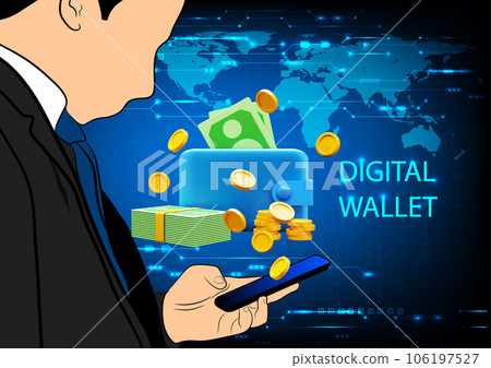 3D rendering, businessman holding a mobile phone user a digital wallet with money and coins on blue background, concept digital wallet Online payment 3D rendering, businessman holding a mobile phone user a digital wallet with money and coins on blue background, concept digital wallet Online payment 106197527