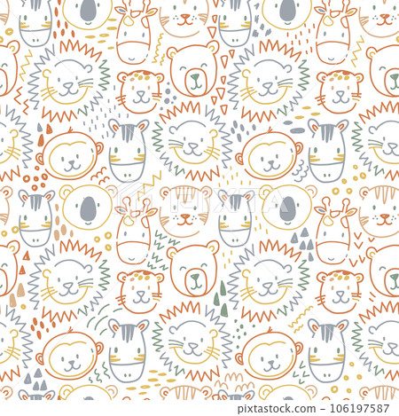 Beautiful kids vector seamless pattern with cute hand drawn safari animal faces. Children stock lion tiger bear zebra monkey illustratrion. 106197587