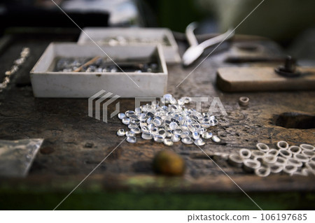 Still life with gemstones in workshop. 106197685