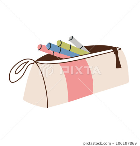 Pencil case icon, vector illustration of zippered pen bag, case for pens, pencils, felt tip pens, school supplies, doodle organizer for stationery, isolated outline clipart in white background 106197869