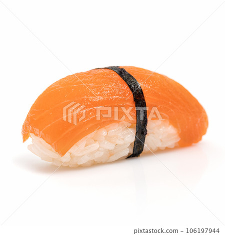 Salmon sushi nigiri on white background 106197944
