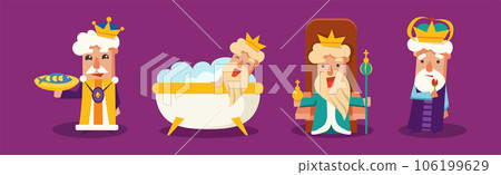 Funny King Character with Beard and Crown Engaged in Different Activity Vector Set 106199629