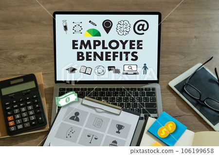 Employee Benefits Concept Man working on the computer Benefits and bonus support 106199658