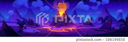 Night volcano eruption illustration with lava fire 106199838