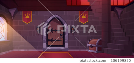 Medieval castle hall with wooden door Medieval castle hall with wooden door 106199850