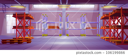 Empty warehouse interior with storage inventory. Empty warehouse interior with storage inventory. 106199866