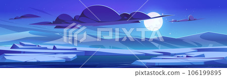 Winter night landscape with lake and mountains 106199895