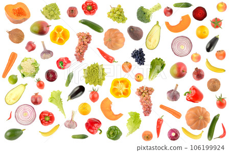Big set falling vegetables and fruits isolated on white 106199924