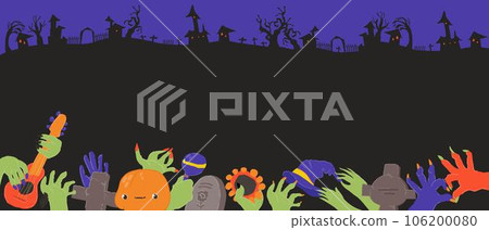 Cartoon Halloween Banner with Zombie Hands coming out of the Ground Cartoon Halloween Banner with Zombie Hands coming out of the Ground 106200080