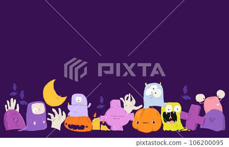 Cartoon Halloween Banner with Cute Monsters,Pumpkin, Zombies Hands and Graves 106200095