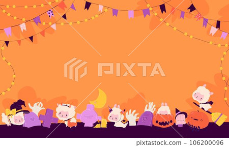 Cartoon Banner with Cute LLama Alpaca wearing Halloween Costumes, Pumpkins, Zombie Hands and Gravesa 106200096