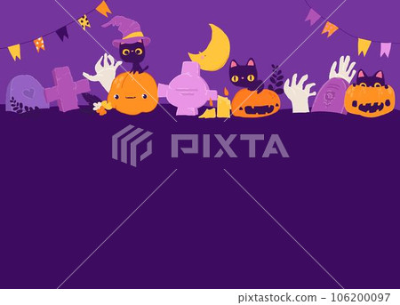 Cartoon Halloween Banner with Pumpkin, Zombies, Cats and Graves 106200097