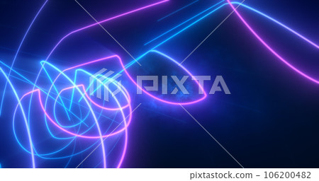 Abstract blue and purple glowing neon energy laser lines flying on a black background 106200482