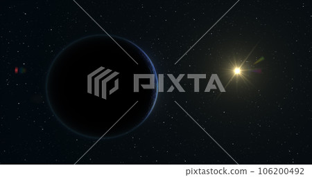 Abstract realistic space spinning planet round sphere with a blue water surface in space against the background of stars Abstract realistic space spinning planet round sphere with a blue water surface in space against the background of stars 106200492