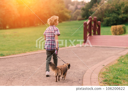 Cute boy playing and walking with his dog in a meadow. 106200622