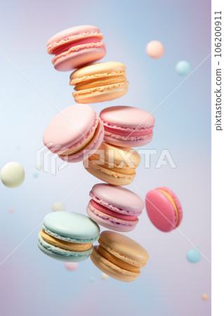 Different types of macaroons in motion falling on a colorful background Different types of macaroons in motion falling on a colorful background 106200911