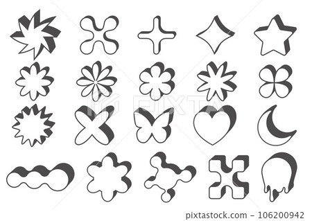 Abstract geometric elements for design. Neobrutalism graphic shapes. Minimal groovy Y2k retro stickers. Set of retro labels. Simple vector flowers, butterfly and stars. 106200942