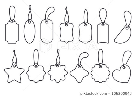 Price tag icons set. Outline gift labels for sale and discount product. Baggage signs collection with ribbons. Simple vector shapes isolated on white background. 106200943