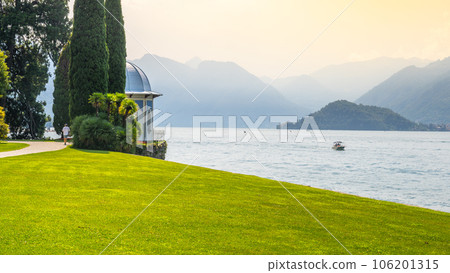 Moorish Kiosk, Italian: Chiosco Moresco, gazebo in botanical gardens of Villa Melzi, Bellagio, Como Lake, Italy Moorish Kiosk, Italian: Chiosco Moresco, gazebo in botanical gardens of Villa Melzi, Bellagio, Como Lake, Italy 106201315