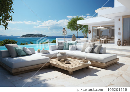 Summer vacation at poolside. Veranda decorated with deck chairs and umbrella with an ocean view 106201336