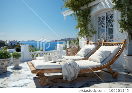 Summer vacation at poolside. Veranda decorated with deck chairs and umbrella with an ocean view Summer vacation at poolside. Veranda decorated with deck chairs and umbrella with an ocean view 106201345