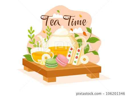Tea Time Vector Illustration with Mug of Hot Drink, Sweet Desserts and Cookies Usually Done Between Meals in Flat Cartoon Hand Drawn Templates Tea Time Vector Illustration with Mug of Hot Drink, Sweet Desserts and Cookies Usually Done Between Meals in Flat Cartoon Hand Drawn Templates 106201346