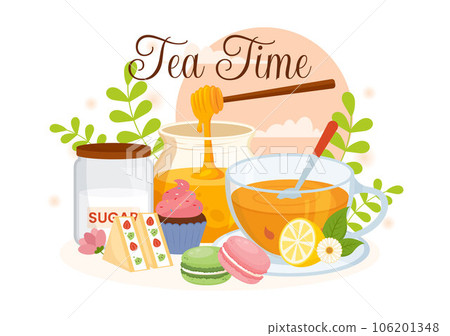 Tea Time Vector Illustration with Mug of Hot Drink, Sweet Desserts and Cookies Usually Done Between Meals in Flat Cartoon Hand Drawn Templates Tea Time Vector Illustration with Mug of Hot Drink, Sweet Desserts and Cookies Usually Done Between Meals in Flat Cartoon Hand Drawn Templates 106201348
