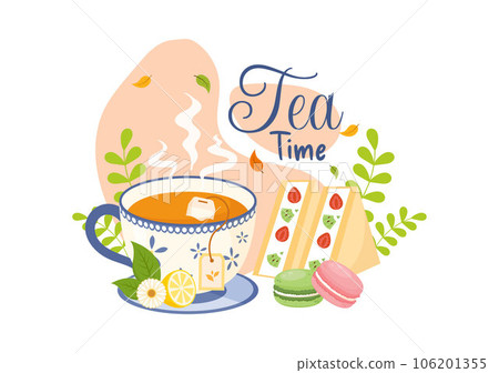 Tea Time Vector Illustration with Mug of Hot Drink, Sweet Desserts and Cookies Usually Done Between Meals in Flat Cartoon Hand Drawn Templates Tea Time Vector Illustration with Mug of Hot Drink, Sweet Desserts and Cookies Usually Done Between Meals in Flat Cartoon Hand Drawn Templates 106201355
