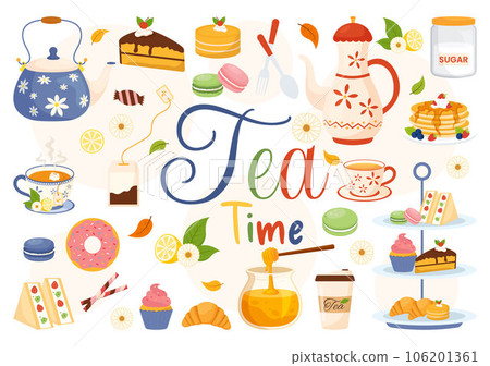 Tea Time Vector Illustration with Mug of Hot Drink, Sweet Desserts and Cookies Usually Done Between Meals in Flat Cartoon Hand Drawn Templates Tea Time Vector Illustration with Mug of Hot Drink, Sweet Desserts and Cookies Usually Done Between Meals in Flat Cartoon Hand Drawn Templates 106201361