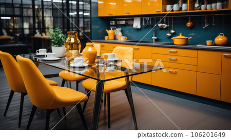 A large table for 4 people with bright orange chairs against the backdrop of a glossy kitchen 106201649