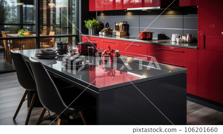 Red Glance Kitchen in modern style with light worktop with kitchen utensils. Red Glance Kitchen in modern style with light worktop with kitchen utensils. 106201660