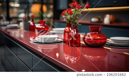Red Glance Kitchen in modern style with light worktop with kitchen utensils. Red Glance Kitchen in modern style with light worktop with kitchen utensils. 106201662