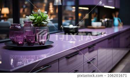 Purple Glance Kitchen in modern style with light worktop with kitchen utensils. 106201671